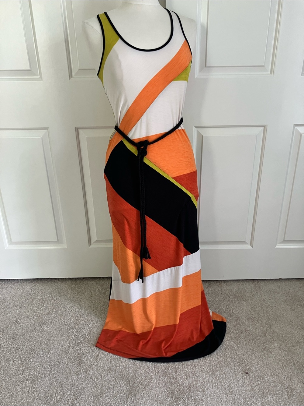 Sleeveless Colorblock Maxi Dress in Orange, Black & White